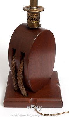 1970's NAUTICAL TABLE LAMP Block & Tackle Rope Solid Mahogany Pulley Vintage Big