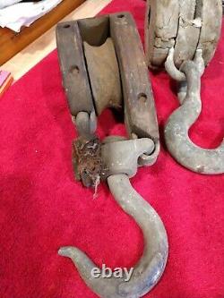 2 Antique Cast Iron Wooden Barn, MARINE, LOGGING Pulleys, vintage Withheavy hooks