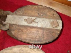 2 Antique Cast Iron Wooden Barn, MARINE, LOGGING Pulleys, vintage Withheavy hooks