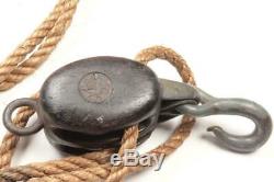 2 Antique MERRIMAN BROS Nautical Brass/Wood Snatch Block & Tackle Pulleys & Rope