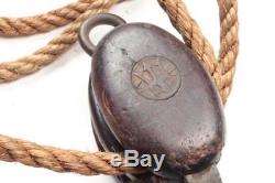 2 Antique Marriman Bros Nautical Brass/Wood Snatch Block & Tackle Pulleys & Rope