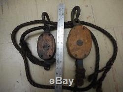 2 Antique Pulleys Block and Tackle Wood Anvil marking Nautical, industrial