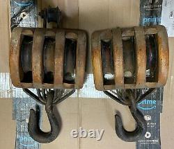 (2) Antique STAR Wood Iron Triple BLOCK 3 wheels TACKLE PULLEY Roller Bushed LOT