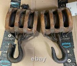 (2) Antique STAR Wood Iron Triple BLOCK 3 wheels TACKLE PULLEY Roller Bushed LOT