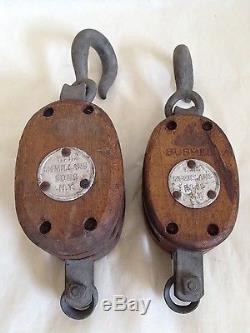 2 Antique W. H. McMillans Sons Brooklyn NY Wood Metal Block & Tackle Pulley VTG