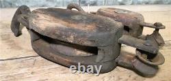 2 Block Pulleys, Vintage Wood Cast Iron Rustic Farm Barn Hay Trolley Carrier A9