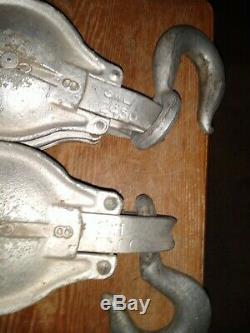 2 Lot Vintage Anvil Multi Ton Cast Iron Double Sheave Pulley Hook Snatch Blocks