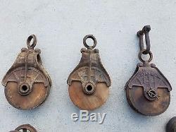 2 Meyer Complete antique hay carriers & trolley pulley system block tackle NICE
