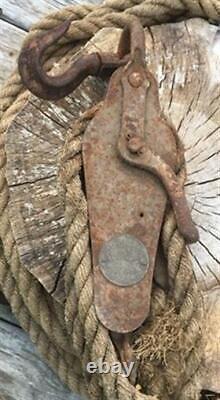 2 Rustic Barn Pulleys & Barn Rope, Vintage Farm Country, Rustic Cottage Decor
