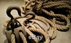 2 VINTAGE ANTIQUE BLOCK AND TACKLE DOUBLE WOODEN PULLEYS ROPES HOOKS FUNCTIONAL