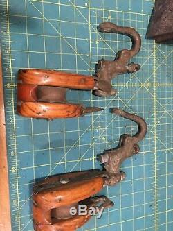 2 Vintage Nautical Brass Wood Pulley Snatch Block & Tackle Pulleys RARE Nice