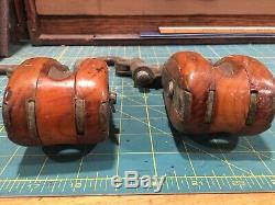 2 Vintage Nautical Brass Wood Pulley Snatch Block & Tackle Pulleys RARE Nice