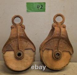 2 antique barn pulley collectible farm tool hay trolley part industrial lot P2
