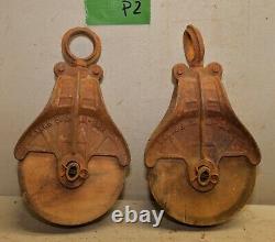 2 antique barn pulley collectible farm tool hay trolley part industrial lot P2