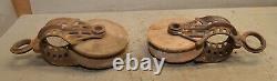 2 antique barn pulley collectible farm tool hay trolley part industrial lot P3