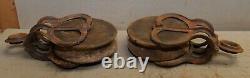 2 antique barn pulley collectible farm tool hay trolley part industrial lot P4