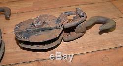 2 used logging snatch block crane hook rigging recovery sheave pulley vintage