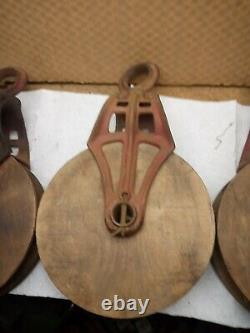 3 Antique Vintage Cast Iron And Wood ORNATE Barn PULLEYS Rustic Decor Primitive