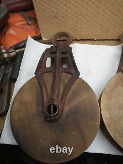 3 Antique Vintage Cast Iron And Wood ORNATE Barn PULLEYS Rustic Decor Primitive
