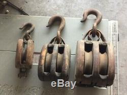 3 Antique Vintage Wood Pulley Pully Block & Tackle 2 Double And1 Single