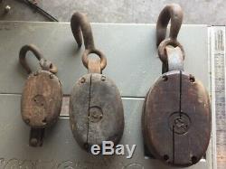 3 Antique Vintage Wood Pulley Pully Block & Tackle 2 Double And1 Single