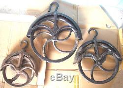 3 LARGE Well Pulley old vintage 1880s antique 12, 10'', 8'' wheel rustic iron