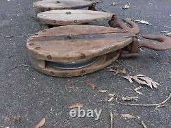 3 Large Antique Nautical or Farm Block and Tackle Pulleys
