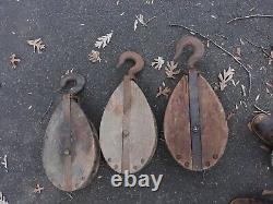3 Large Antique Nautical or Farm Block and Tackle Pulleys
