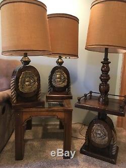 3 Nautical lamps, withwooden block and tackle and bronze USS Constitution plate