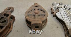 3 antique pulley early wood & cast iron plus collectible barn trolley part tools