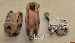 3 antique pulley early wood & cast iron plus collectible barn trolley part tools