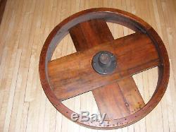 34 diameter Large Antique Wooden Flat Belt Pulley CHANDELIERThrashing Machine
