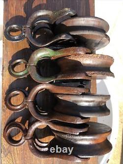 4-Antique BEATTY LOUDEN Barn Pulleys Iron & Wood 6 Dia, Primitive, Steampunk