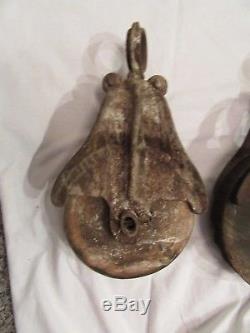 4 Antique Vintage Cast Iron & Wood Barn Hay Pulley, Old Primitive Farm Tool
