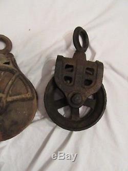 4 Antique Vintage Cast Iron & Wood Barn Hay Pulley, Old Primitive Farm Tool