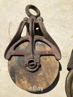 4 Antique Vintage MYERS Hudson Wood & Iron Well Pulleys Rustic Farm Decor