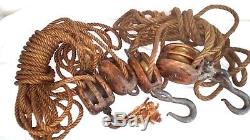 4 Bronze, Iron & Teak Nautical Boat Ships Pulleys & Unknown amount Hemp Rope