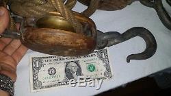 4 Bronze, Iron & Teak Nautical Boat Ships Pulleys & Unknown amount Hemp Rope