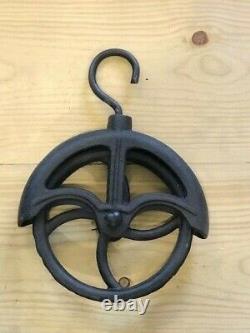 4 Rustic Cast Iron Hanging Cable Pulleys Wheel Hook Farmhouse Country Decor