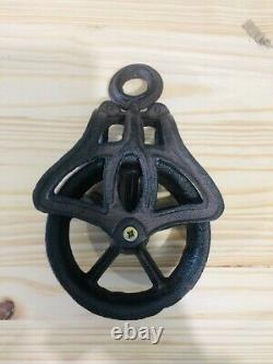 4 Rustic Pulleys Cable Wheel Hook Farmhouse Country Home Decor Cast Iron Barn