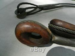 40 INCH Antique WOOD & STEEL PULLEY BLOCK AND TACKLE SAIL BOAT Lead /Cable