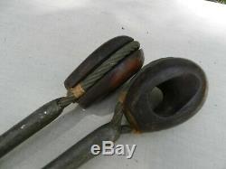40 INCH Antique WOOD & STEEL PULLEY BLOCK AND TACKLE SAIL BOAT Lead /Cable