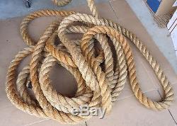 55 ft vtg hemp rope, boat anchor, barn pulley block tackle, nautical craft. UNUSED