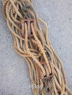 #6 UW Wood Block and Tackle Pulley System with Rope Double Pulleys Vintage