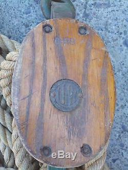 #6 UW Wood Block and Tackle Pulley System with Rope Double Pulleys Vintage