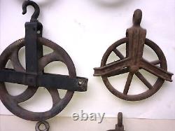 9 Antique Cast Iron Garden Well Pulleys & Rope, Farm, Steampunk, Primitive, Old