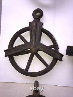 9 Antique Cast Iron Garden Well Pulleys & Rope, Farm, Steampunk, Primitive, Old