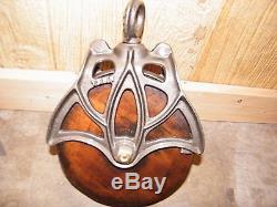 ANTIQUE BARN PULLEY CAST IRON WOOD HAY TROLLEY TOOL PRIMITIVE BARN FIND