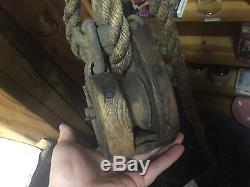 ANTIQUE BLOCK TACKLE PULLEY HEMP ROPE LONG PRIMITIVE EXTRA PULLEY with LATCH