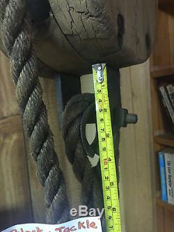 ANTIQUE BLOCK TACKLE PULLEY HEMP ROPE LONG PRIMITIVE EXTRA PULLEY with LATCH